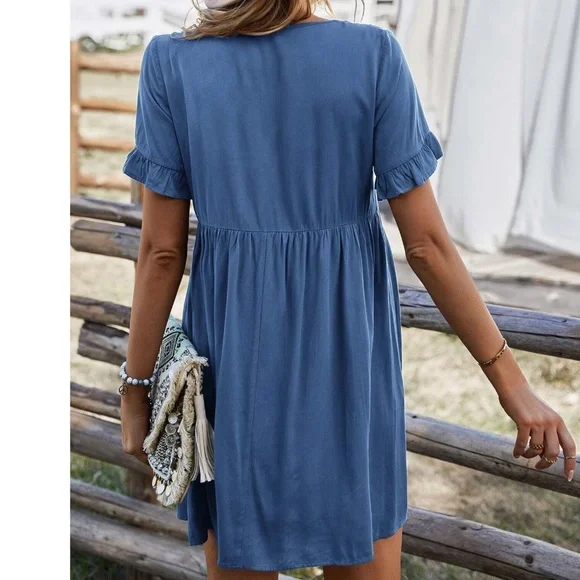 Boho Khaki Button Detail Ruffle Short Sleeve Mini Dress - Picture 5 of 9